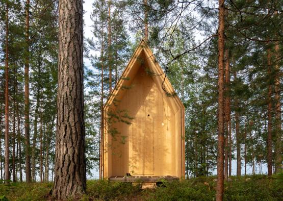 a wooden structure in the woods